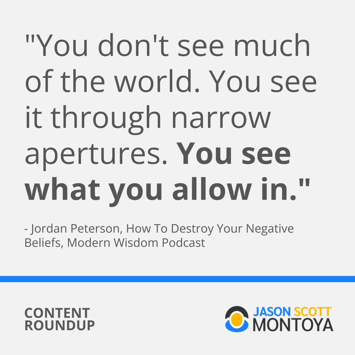 "You don't see much of the world. You see it through narrow apertures. You see what you allow in."  - Jordan Peterson, How To Destroy Your Negative Beliefs, Modern Wisdom Podcast