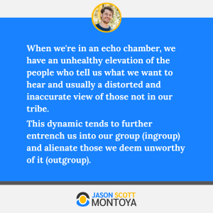 When we're in an echo chamber, we have an unhealthy elevation of the people who tell us what we want to hear and usually a distorted and inaccurate view of those not in our tribe. 
This dynamic tends to further entrench us into our group (ingroup) and alienate those we deem unworthy of it (outgroup).
