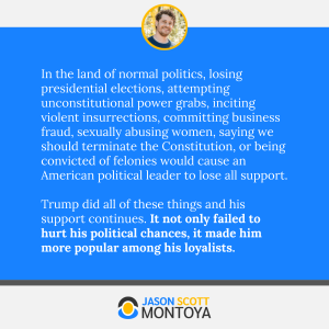 In the land of normal politics, losing presidential elections, attempting unconstitutional power grabs, inciting violent insurrections, committing business fraud, sexually abusing women, saying we should terminate the Constitution, or being convicted of felonies would cause an American political leader to lose all support.

Trump did all of these things and his support continues. It not only failed to hurt his political chances, it made him more popular among his loyalists.
