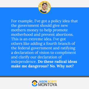 For example, I've got a policy idea that the government should give new mothers money to help promote motherhood and prevent abortions. This is an extreme idea. I've got others like adding a fourth branch of the federal government and ratifying a declaration of vision to compliment and clarify our declaration of independence. Do these radical ideas make me dangerous? No. Why not? 
