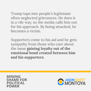 Trump taps into people's legitimate often neglected grievances. He does it in a vile way, so the media calls him out for his approach. By being attacked, he becomes a victim. 

Supporters come to his aid and he gets sympathy from those who care about the issue gaining loyalty out of the emotional bond created between him and his supporters.
