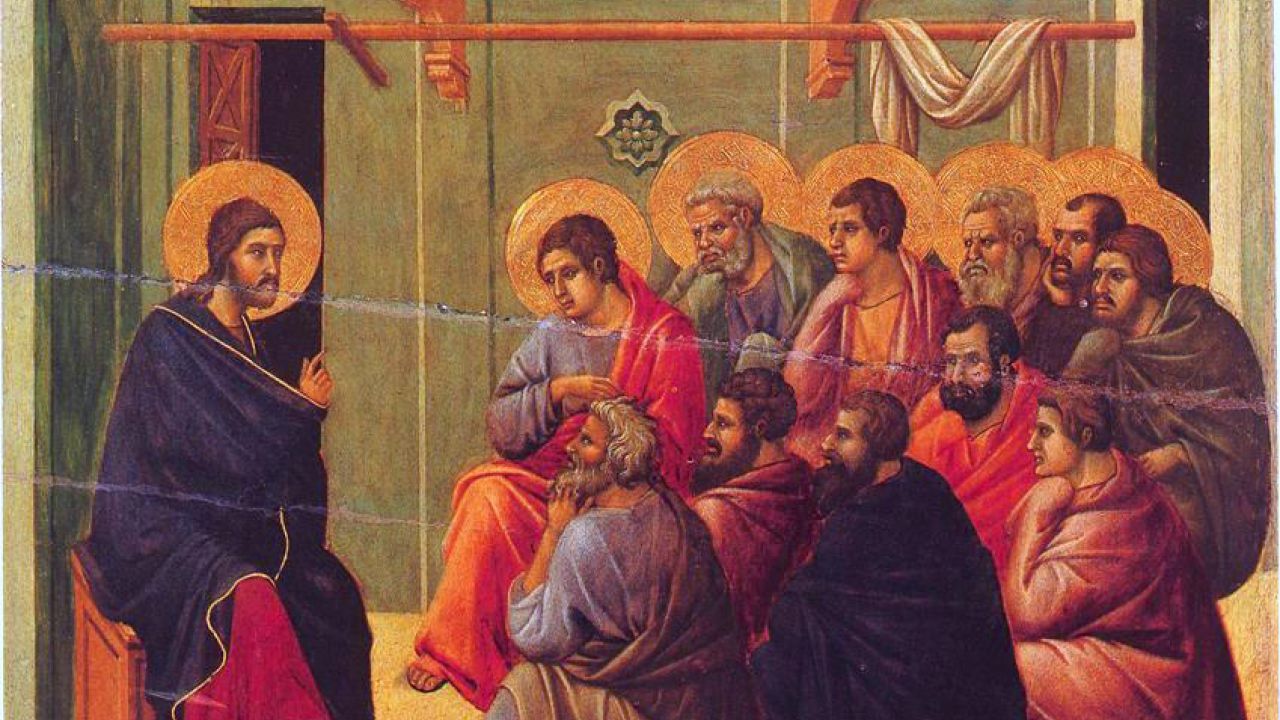 Jesus saying farewell to his eleven remaining disciples, from the Maesta by Duccio, 1308–1311.