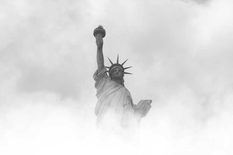 statue of libery in the fog