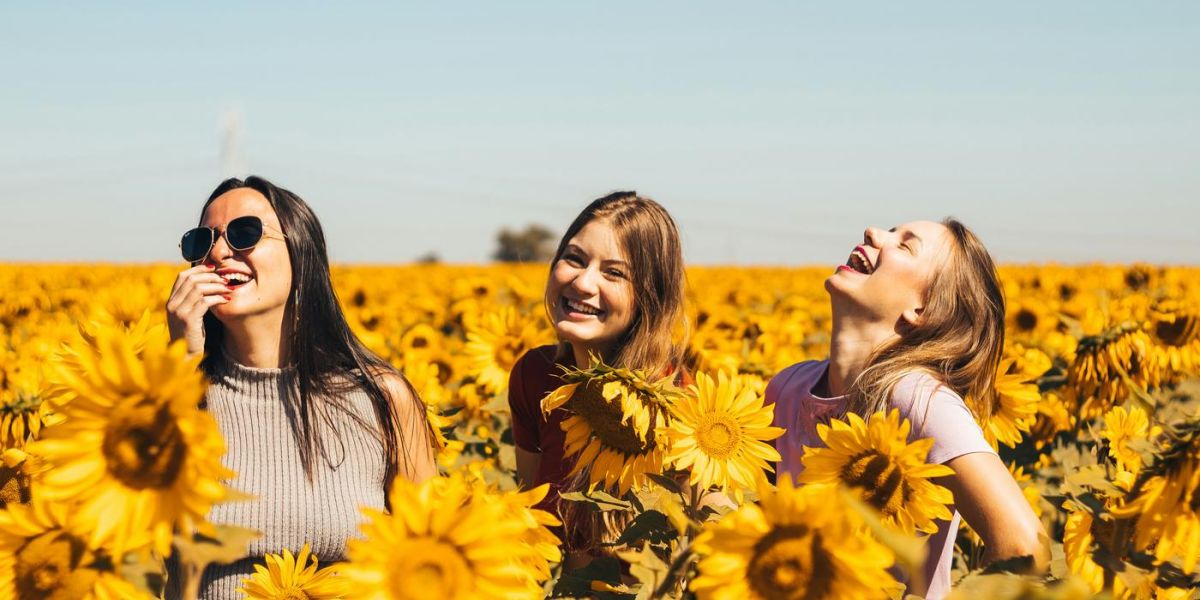 happy laughing women in a sunflower field